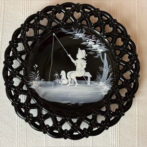 Westmoreland Black Plate w/Mary Gregory Style Painted Fishing Scene